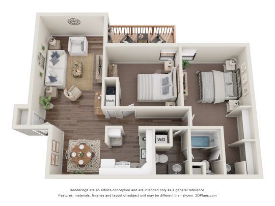 a 3d rendering of a two bedroom apartment at The Lakeshore Cove