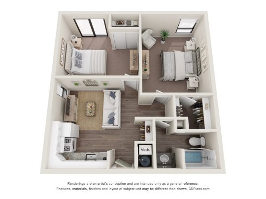 a 3d rendering of a two bedroom apartment at The Lakeshore Cove